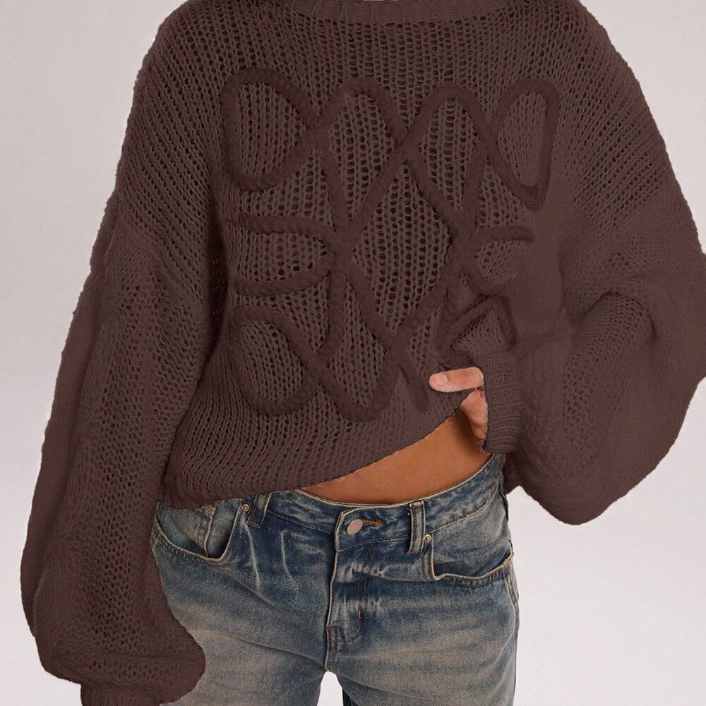 Coffee Brown Casual Women's Loose Lantern Sleeve Sweater - Picture 4 of 7